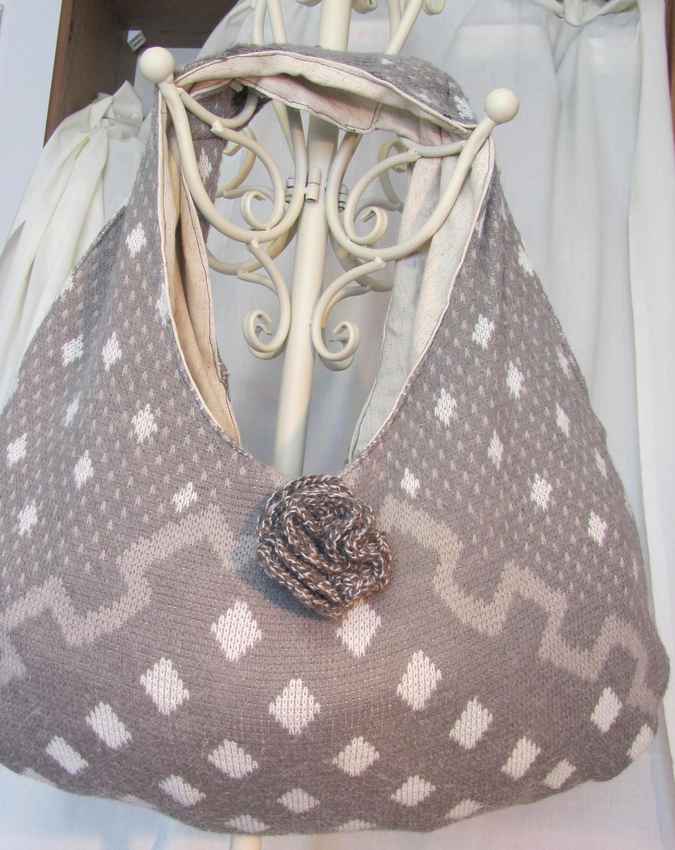 large image of art item: bag – gray diamonds white crochet flower