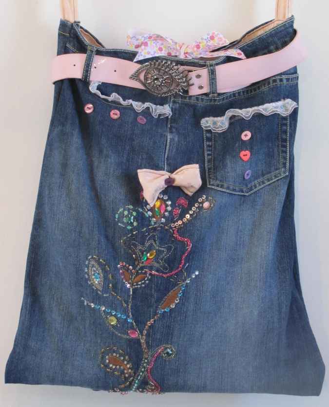 large image of art item: bag – jeans motif flower with beads and buttons