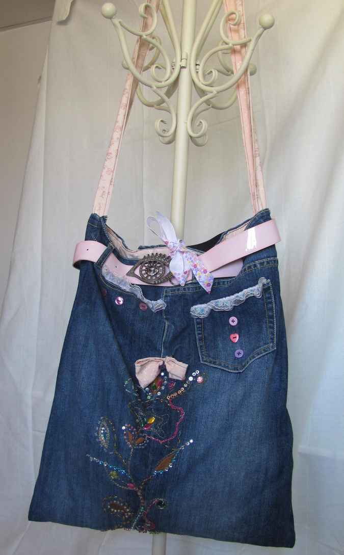 large image of art item: bag – jeans motif flower with beads and buttons