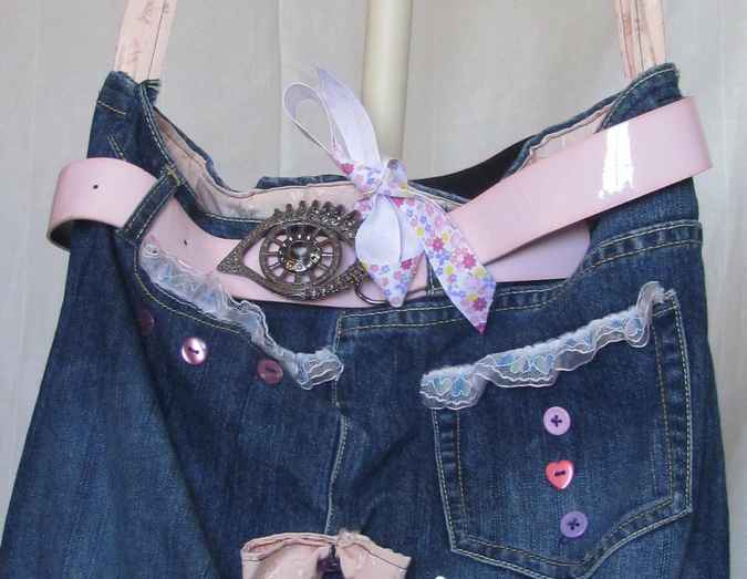 large image of art item: bag – jeans motif flower with beads and buttons