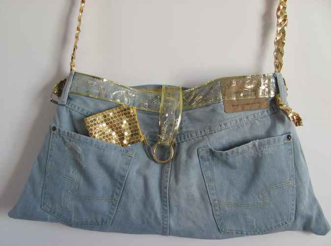 large image of art item: bag – jeans purse with gold sequins pouch and gold motif