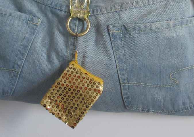 large image of art item: bag – jeans purse with gold sequins pouch and gold motif