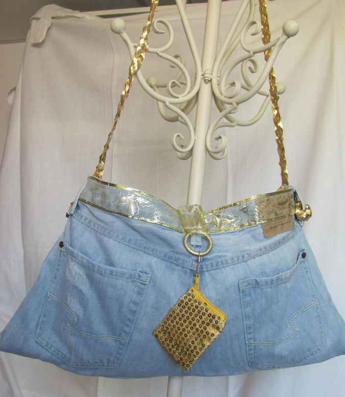 large image of art item: bag – jeans purse with gold sequins pouch and gold motif