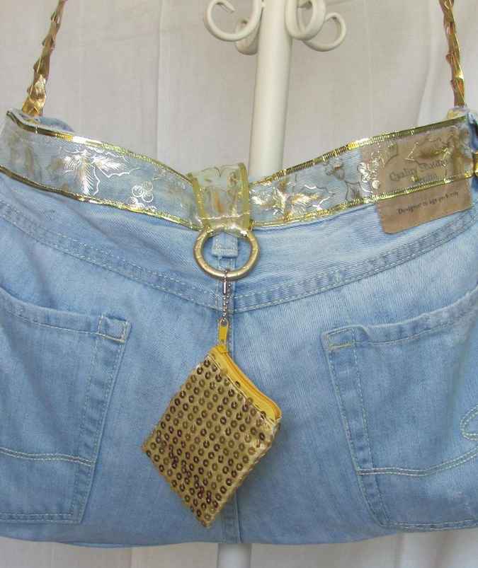 large image of art item: bag – jeans purse with gold sequins pouch and gold motif