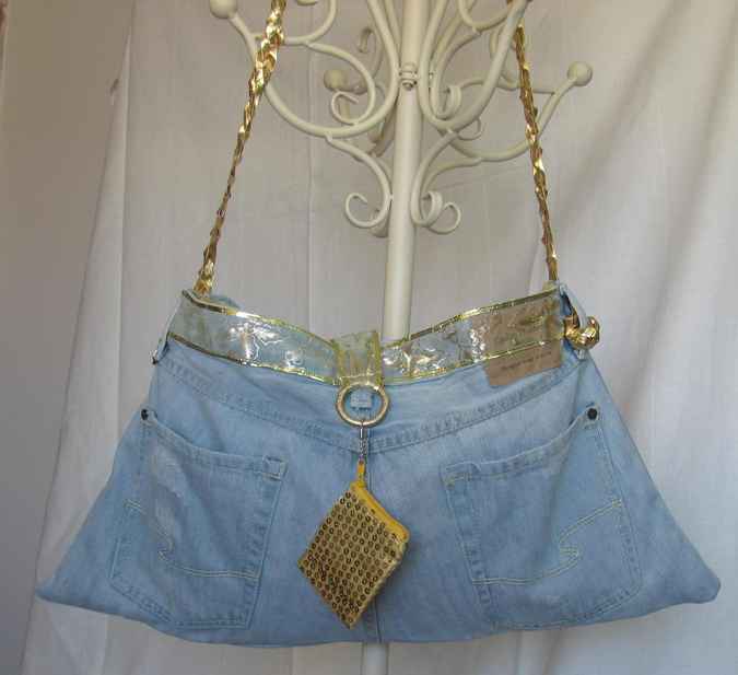 large image of art item: bag – jeans purse with gold sequins pouch and gold motif
