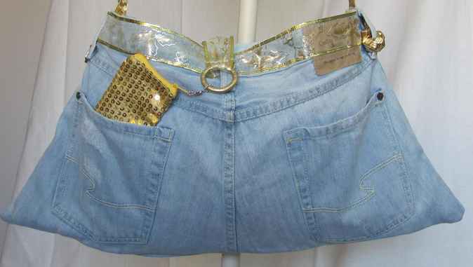 large image of art item: bag – jeans purse with gold sequins pouch and gold motif