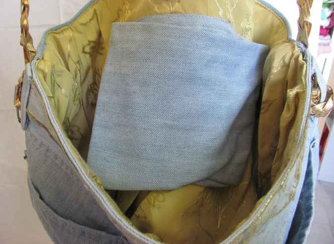 large image of art item: bag – jeans purse with gold sequins pouch and gold motif