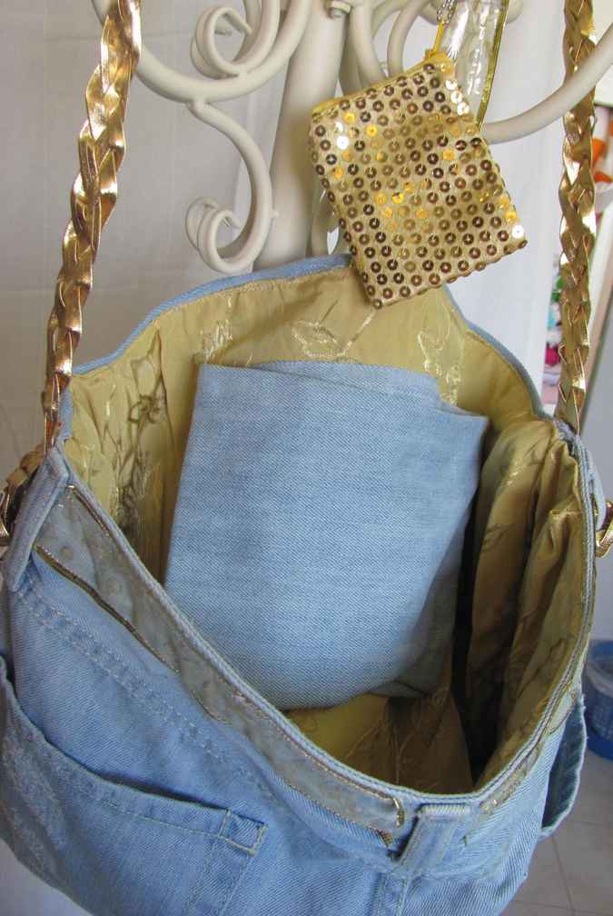 large image of art item: bag – jeans purse with gold sequins pouch and gold motif