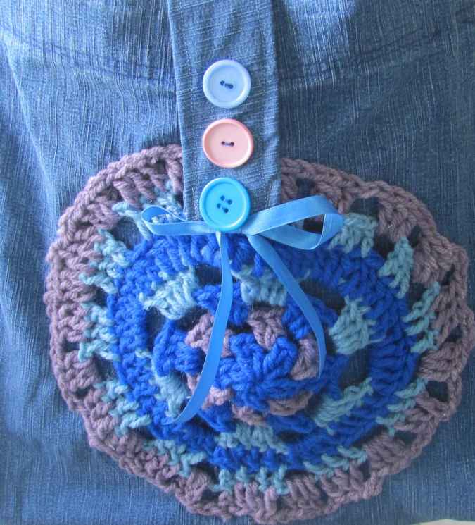 large image of art item: bag – jeans ribbon crochet disc blue brown buttons