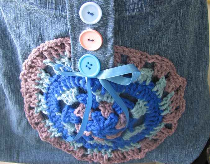 large image of art item: bag – jeans ribbon crochet disc blue brown buttons