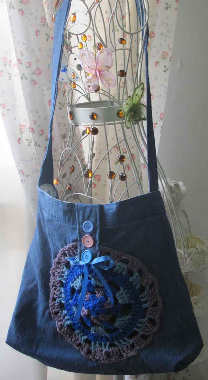 large image of art item: bag – jeans ribbon crochet disc blue brown buttons
