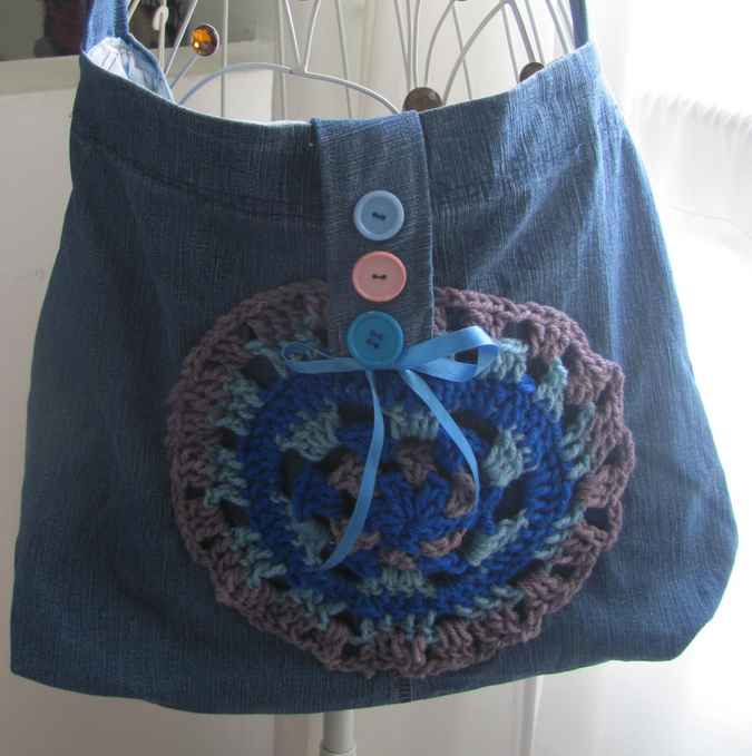 large image of art item: bag – jeans ribbon crochet disc blue brown buttons