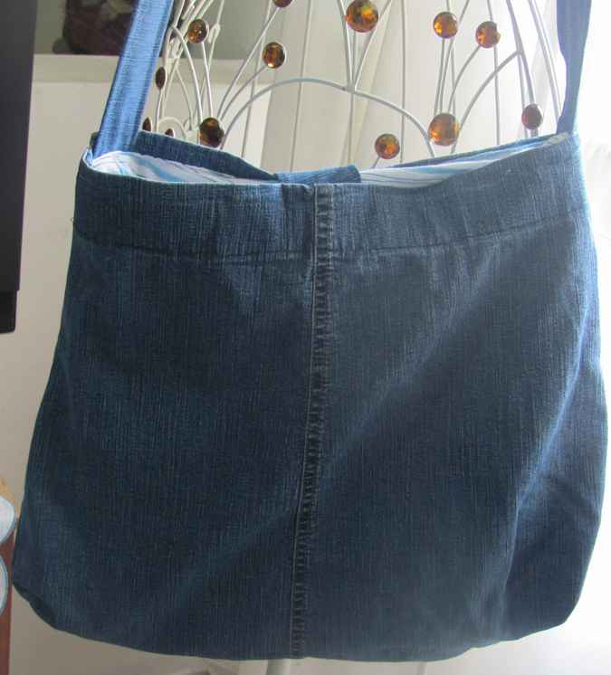 large image of art item: bag – jeans ribbon crochet disc blue brown buttons