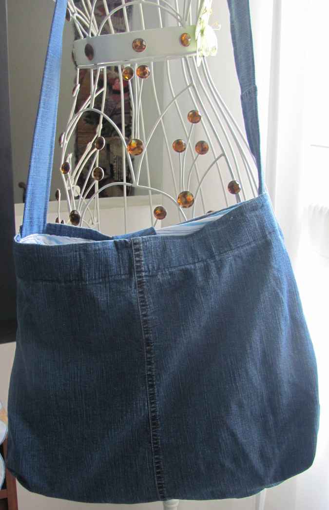 large image of art item: bag – jeans ribbon crochet disc blue brown buttons
