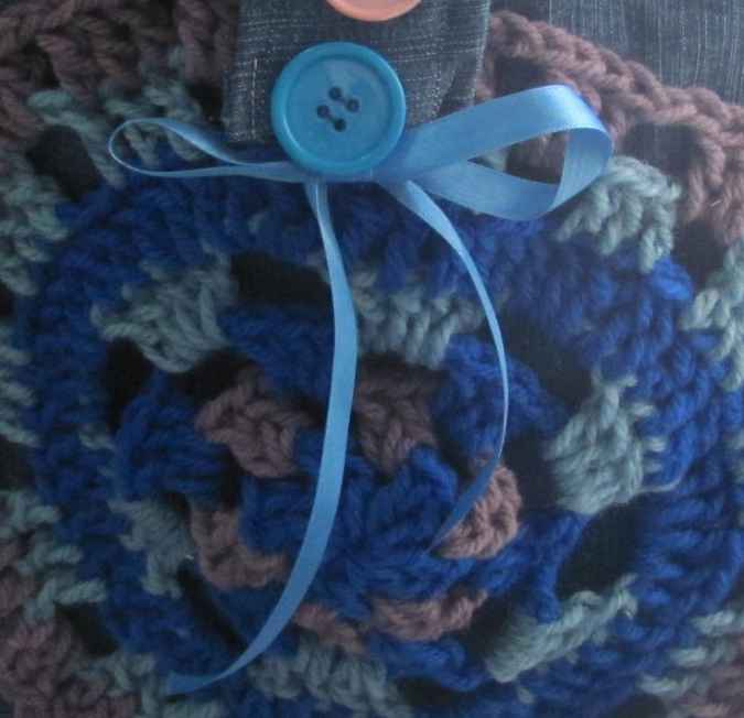 large image of art item: bag – jeans ribbon crochet disc blue brown buttons