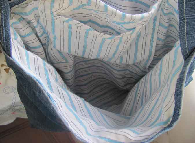 large image of art item: bag – jeans ribbon crochet disc blue brown buttons