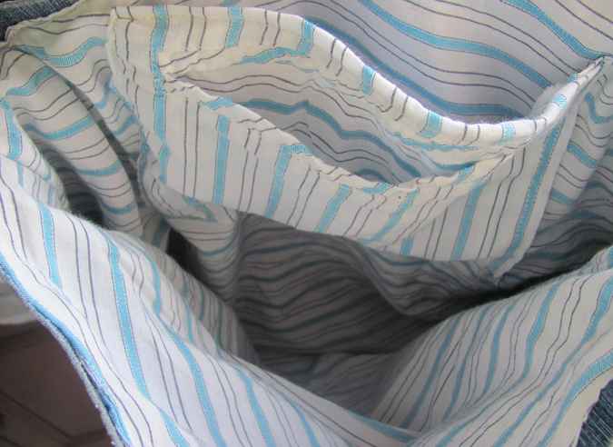 large image of art item: bag – jeans ribbon crochet disc blue brown buttons