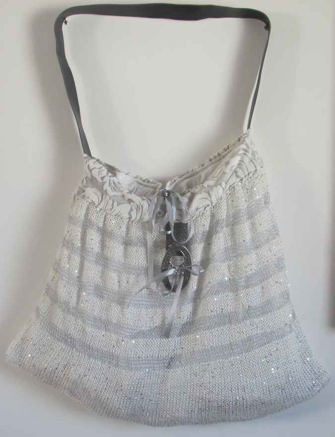 large image of art item: bag – knitwork white stripes gray buckle silvery shiny