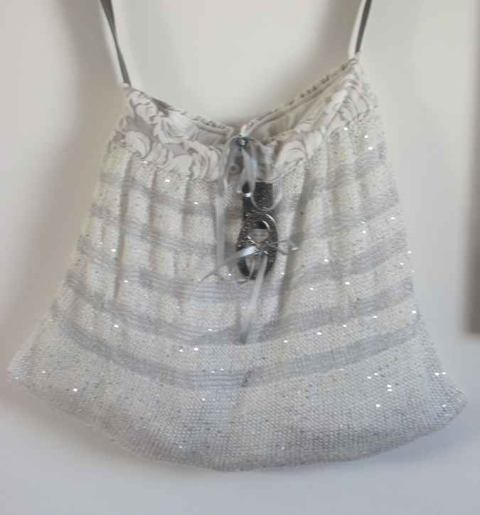 large image of art item: bag – knitwork white stripes gray buckle silvery shiny