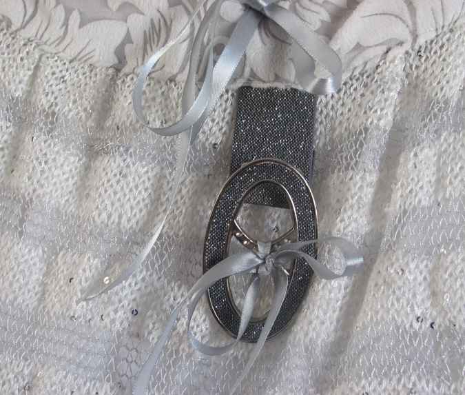 large image of art item: bag – knitwork white stripes gray buckle silvery shiny