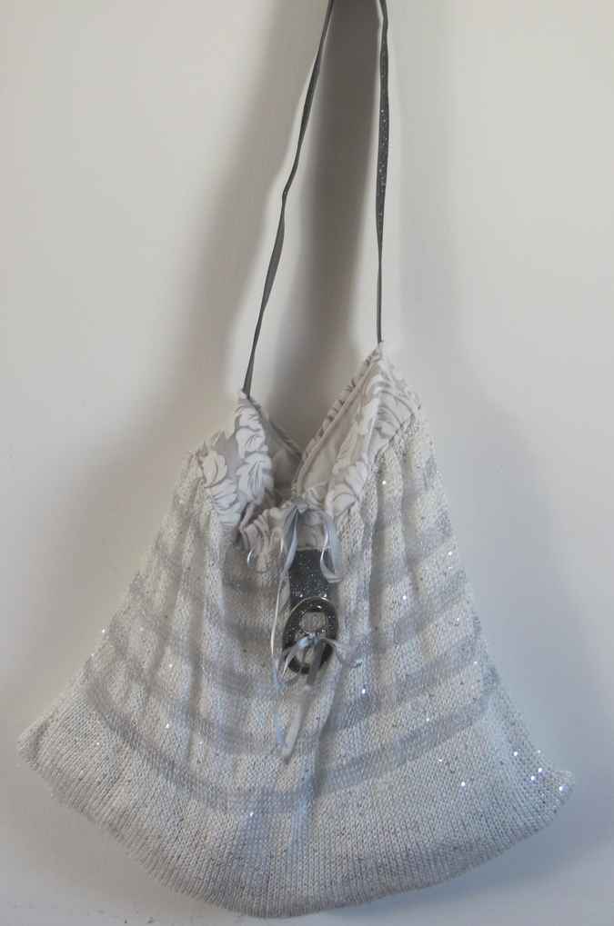 large image of art item: bag – knitwork white stripes gray buckle silvery shiny