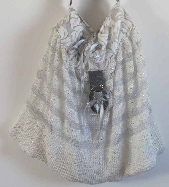 large image of art item: bag – knitwork white stripes gray buckle silvery shiny