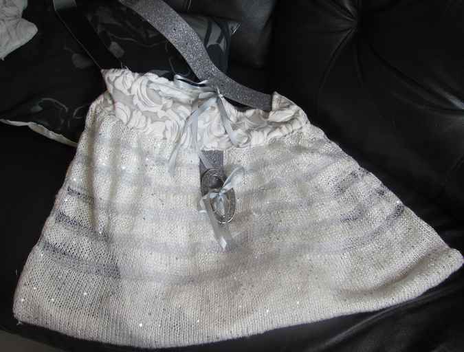 large image of art item: bag – knitwork white stripes gray buckle silvery shiny