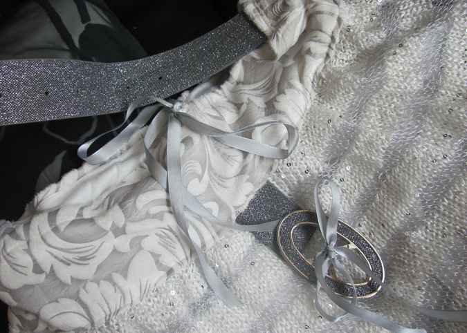 large image of art item: bag – knitwork white stripes gray buckle silvery shiny