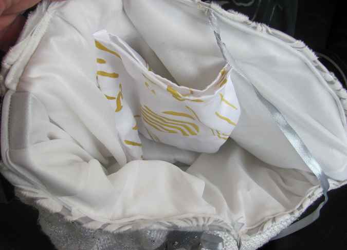 large image of art item: bag – knitwork white stripes gray buckle silvery shiny