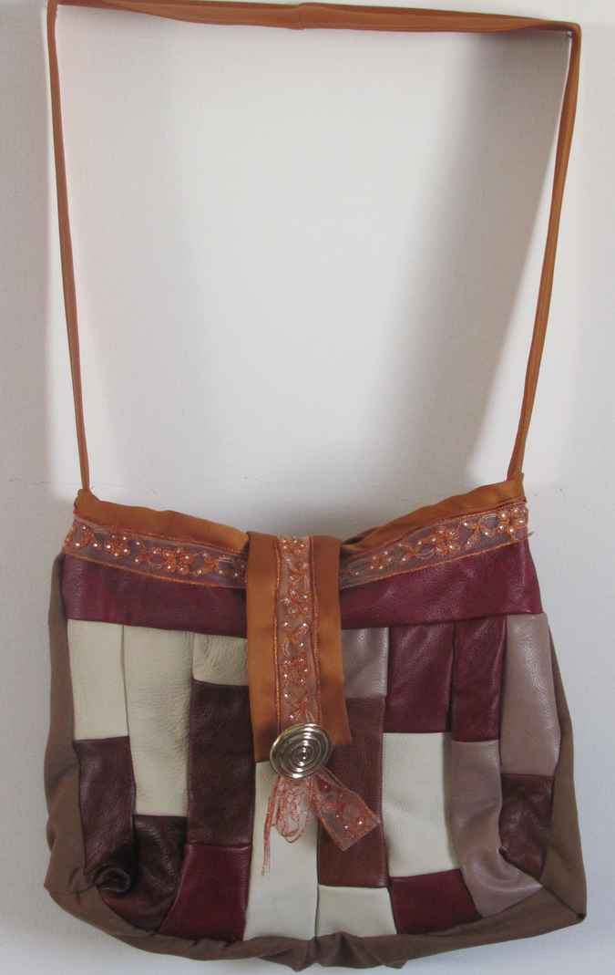 large image of art item: bag – leathery checkred crimson white button gold
