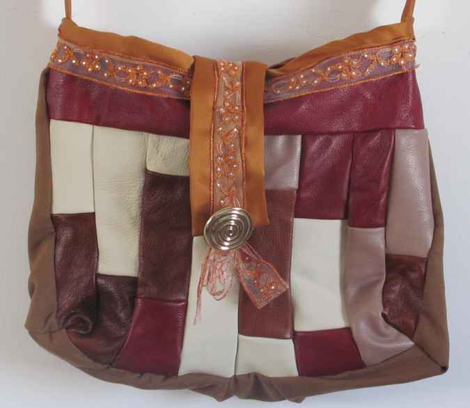 large image of art item: bag – leathery checkred crimson white button gold