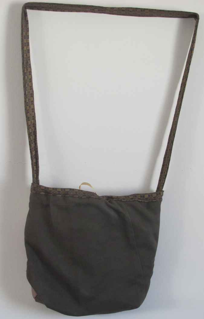 large image of art item: bag – leathery stripes crimson white ribbon