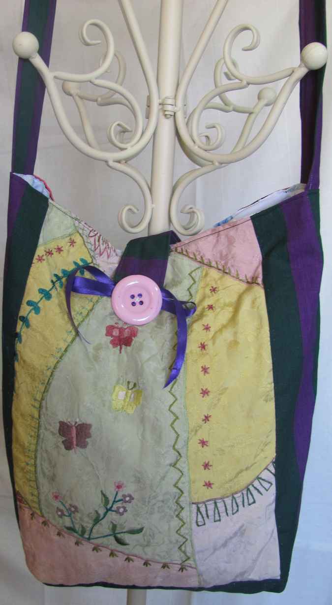 large image of art item: bag – quiltwork button pink flower butterfly needlework