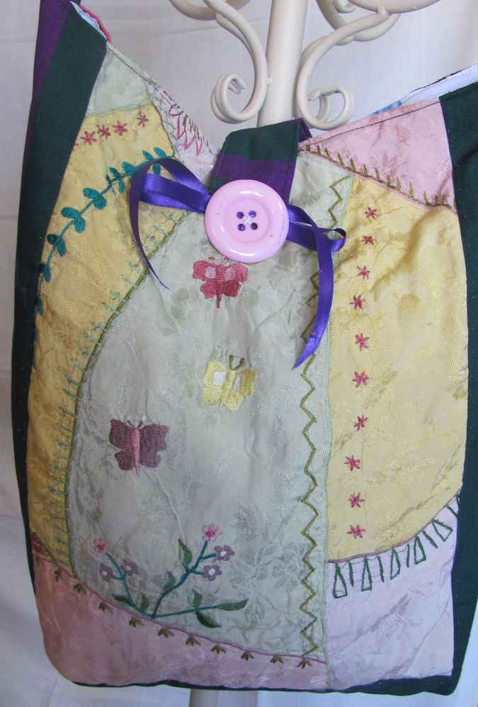 large image of art item: bag – quiltwork button pink flower butterfly needlework
