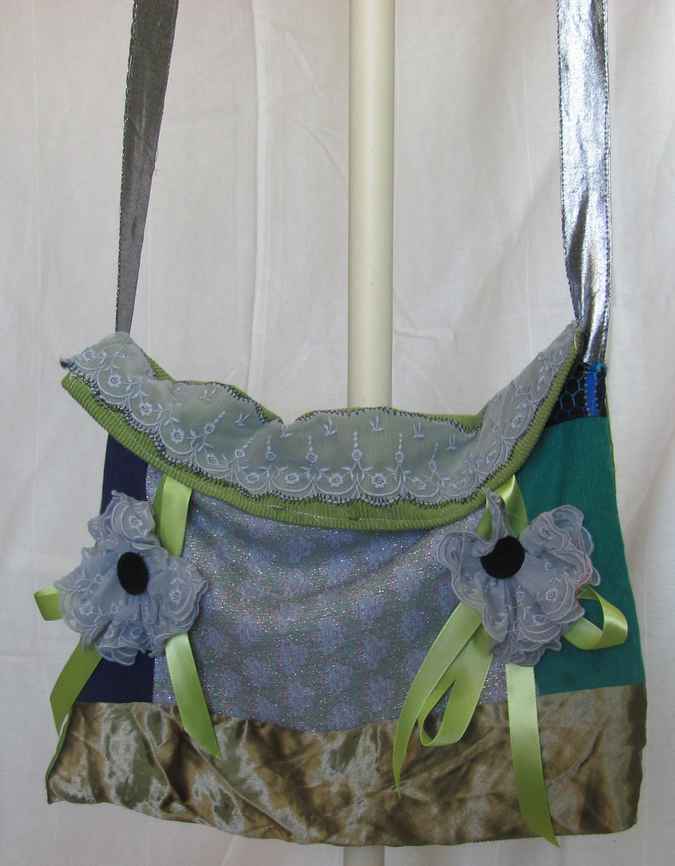 large image of art item: bag – quiltwork cyan green turquoise brown with geometric motif and flowers