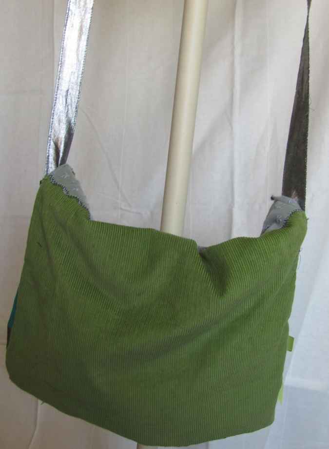large image of art item: bag – quiltwork cyan green turquoise brown with geometric motif and flowers