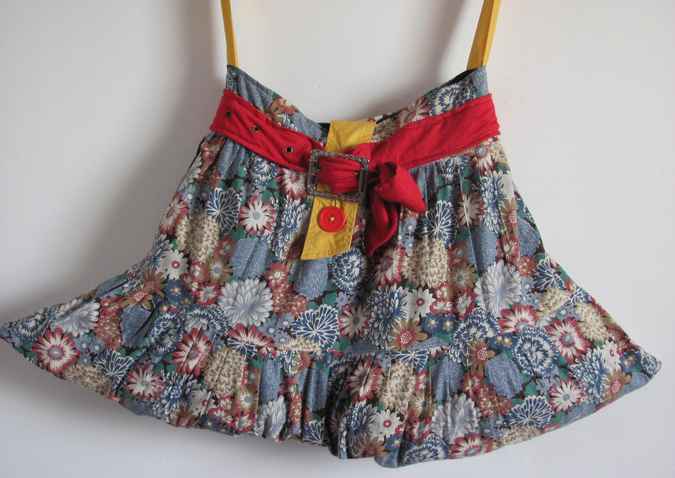 large image of art item: bag – quiltwork motif flowers with red and yellow belt and buttons