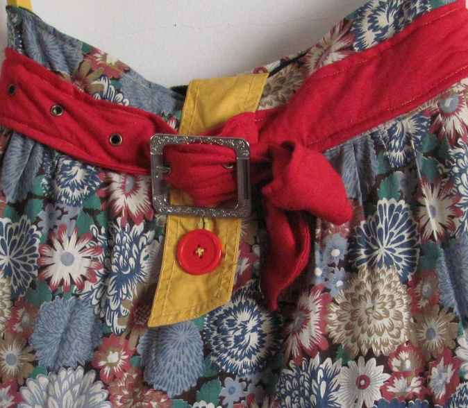 large image of art item: bag – quiltwork motif flowers with red and yellow belt and buttons