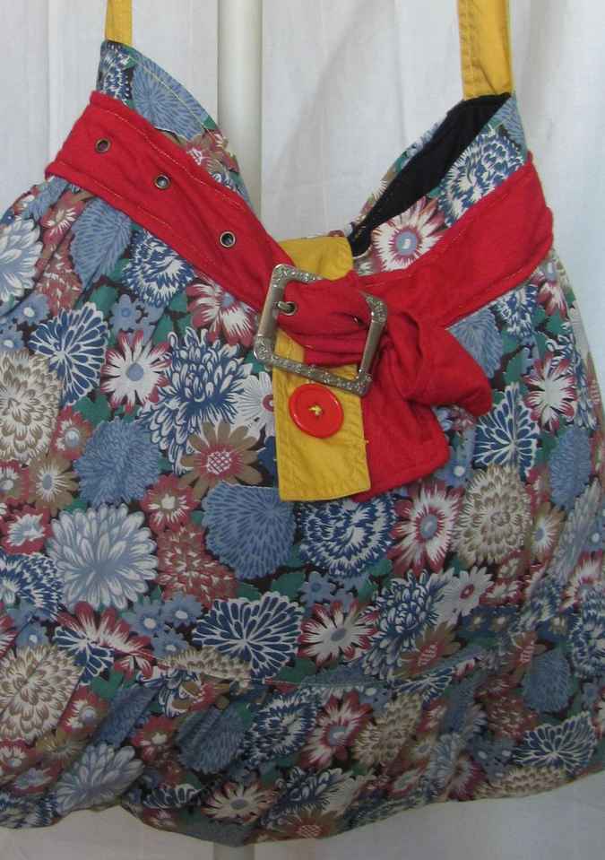 large image of art item: bag – quiltwork motif flowers with red and yellow belt and buttons