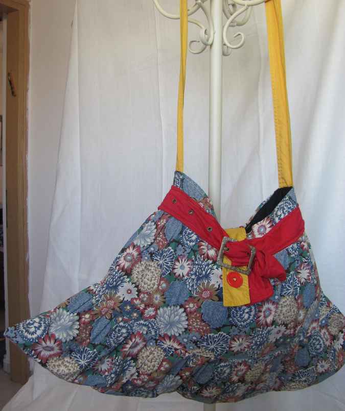 large image of art item: bag – quiltwork motif flowers with red and yellow belt and buttons