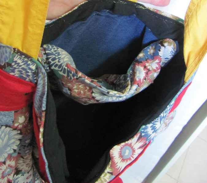large image of art item: bag – quiltwork motif flowers with red and yellow belt and buttons