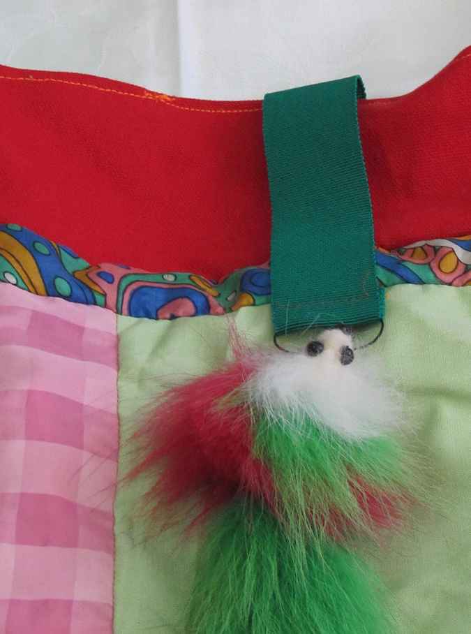 large image of art item: bag – red quiltwork fuzzy animal