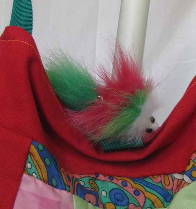 large image of art item: bag – red quiltwork fuzzy animal
