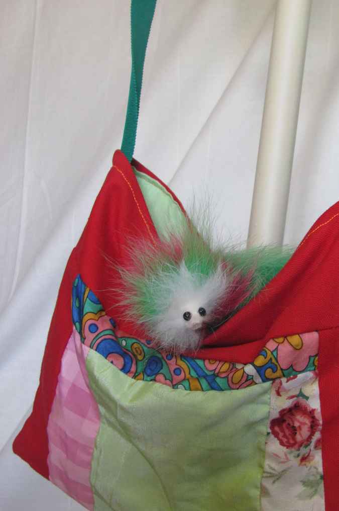 large image of art item: bag – red quiltwork fuzzy animal