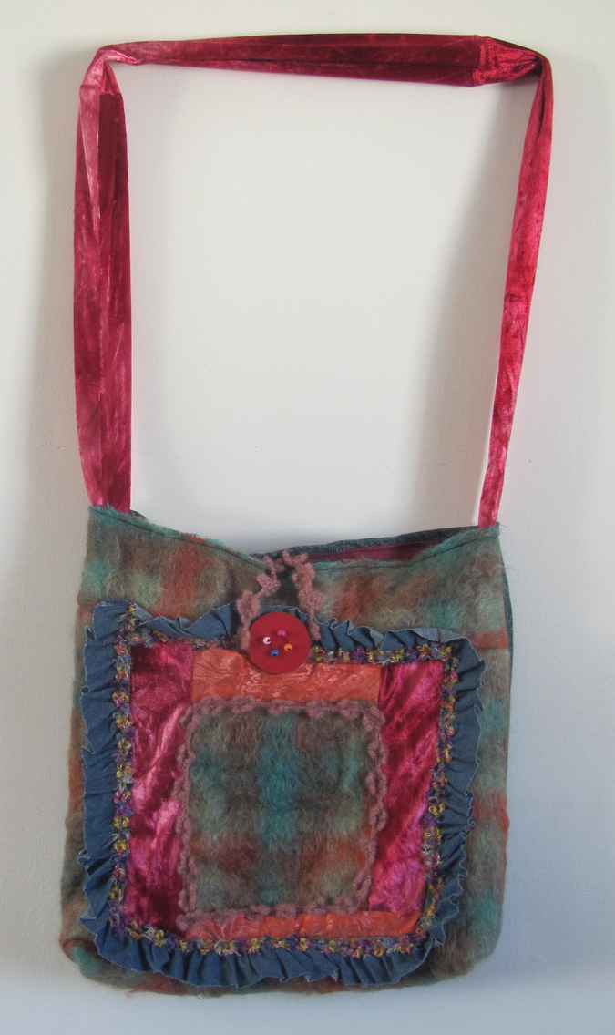 large image of art item: bag – squares blue brown red orange