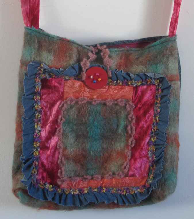 large image of art item: bag – squares blue brown red orange