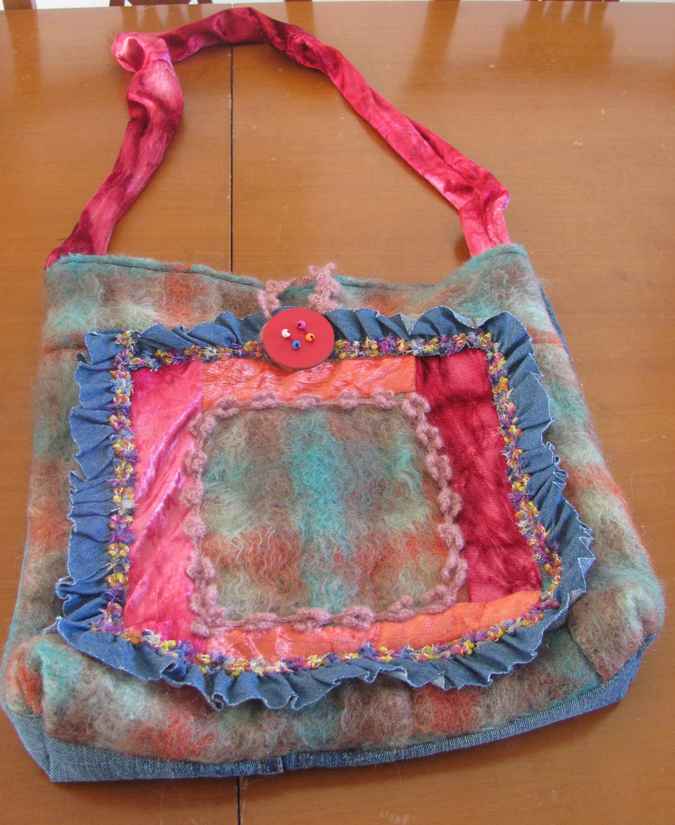large image of art item: bag – squares blue brown red orange