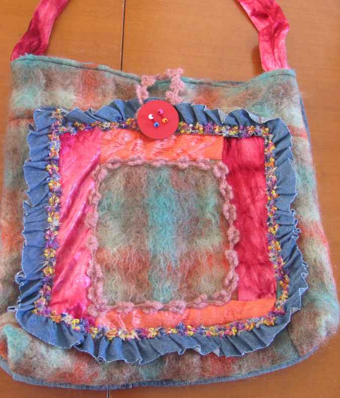 large image of art item: bag – squares blue brown red orange
