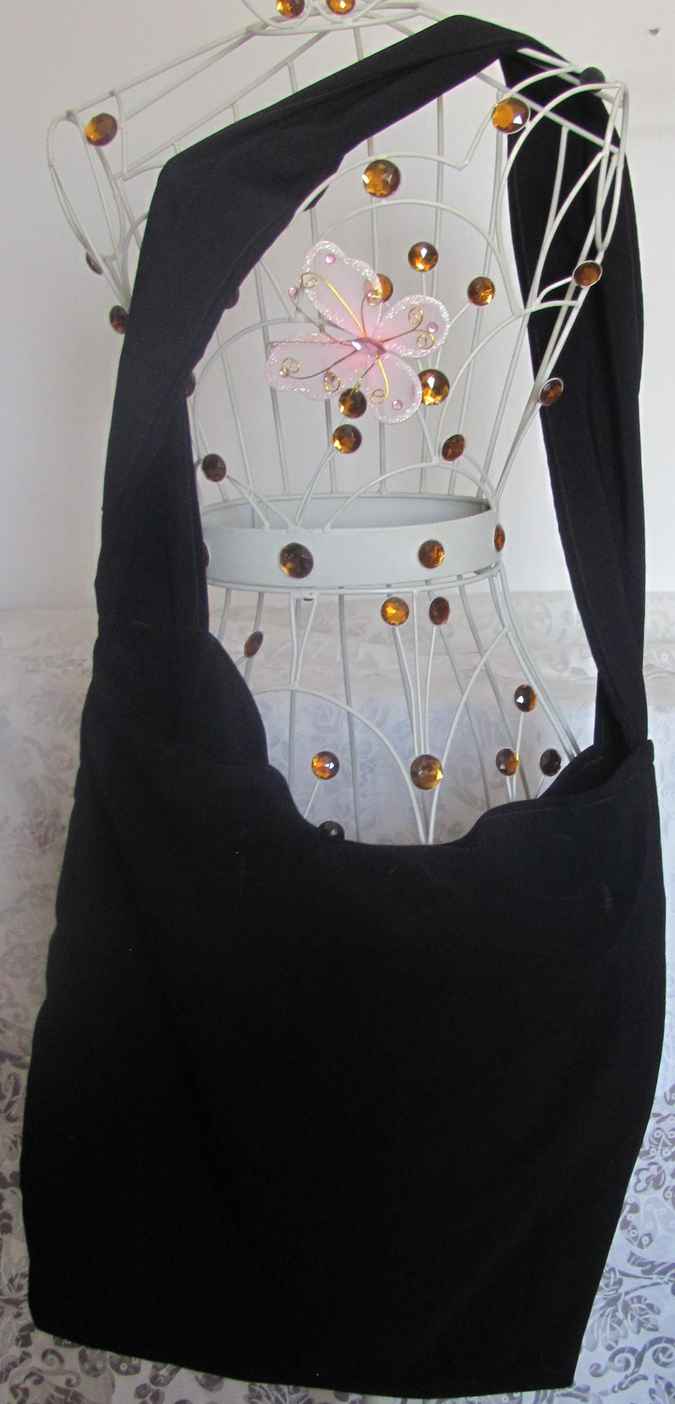 large image of art item: bag – stripes brown orange button ribbon