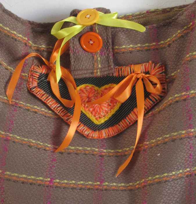 large image of art item: bag – stripes brown orange button ribbon